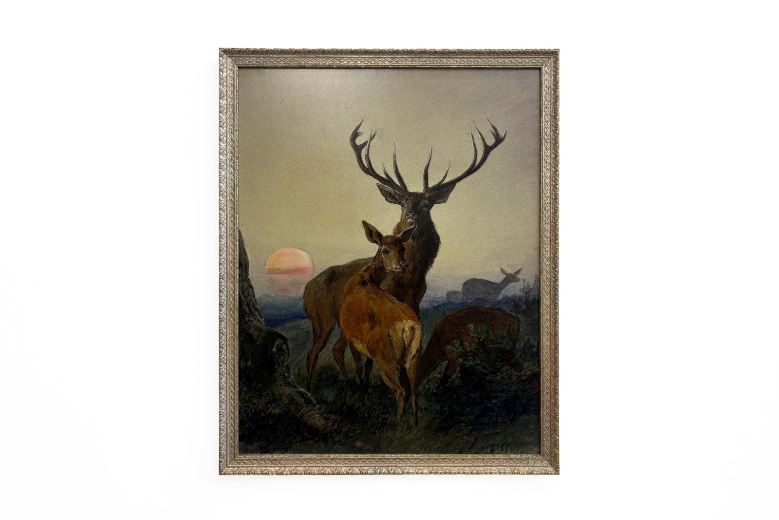 Un cerf avec une biche dans un paysage boisé au coucher du soleil - Carl Friedrich Deiker