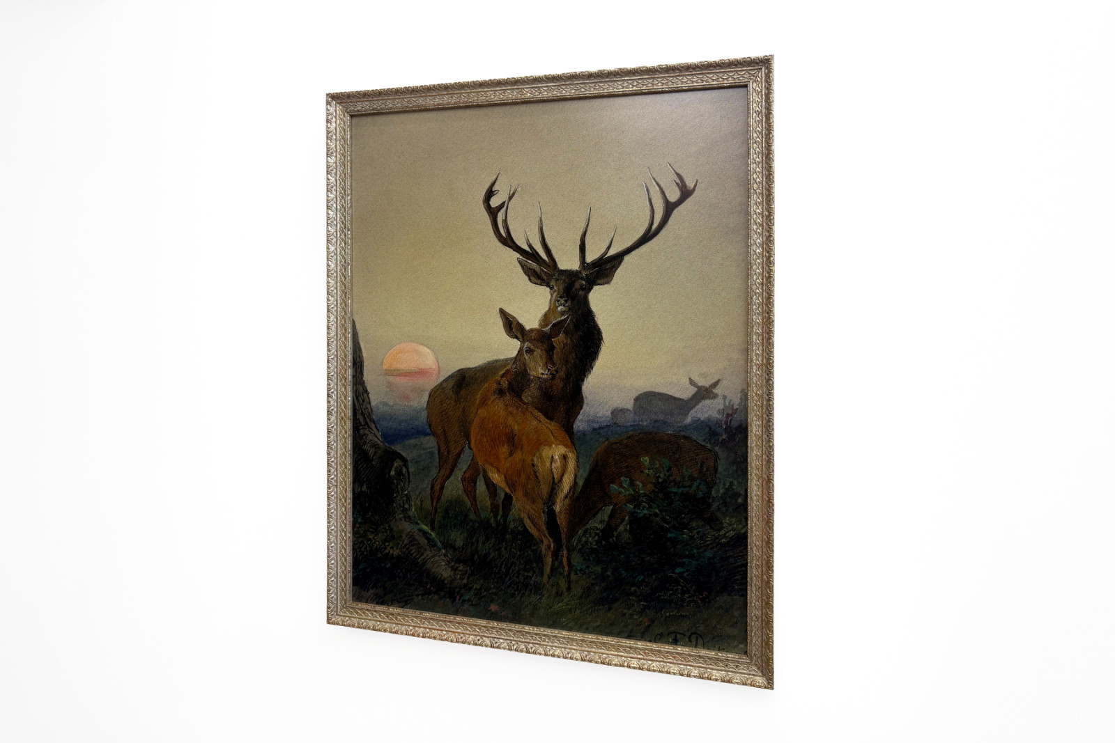 Un cerf avec une biche dans un paysage boisé au coucher du soleil - Carl Friedrich Deiker