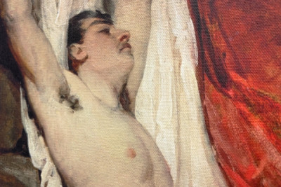 Nu masculin, les bras levés