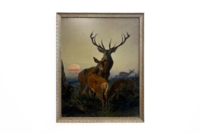 Un cerf avec une biche dans un paysage boisé au coucher du soleil - Carl Friedrich Deiker