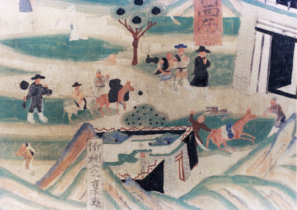 (détail) Carte de la montagne Wutai (Wutaishan), peinture murale des Cinq Dynasties (907 - 960) dans les grottes de Dunhuang, représentant des pèlerins arrivant à une auberge pour la nuit - Unknown