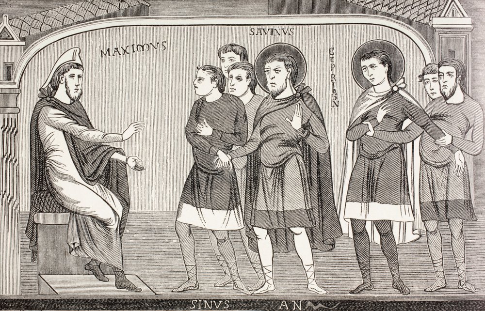 Saints Savin et Cyprien confessant au proconsul Galerius Maximus qu'ils ...