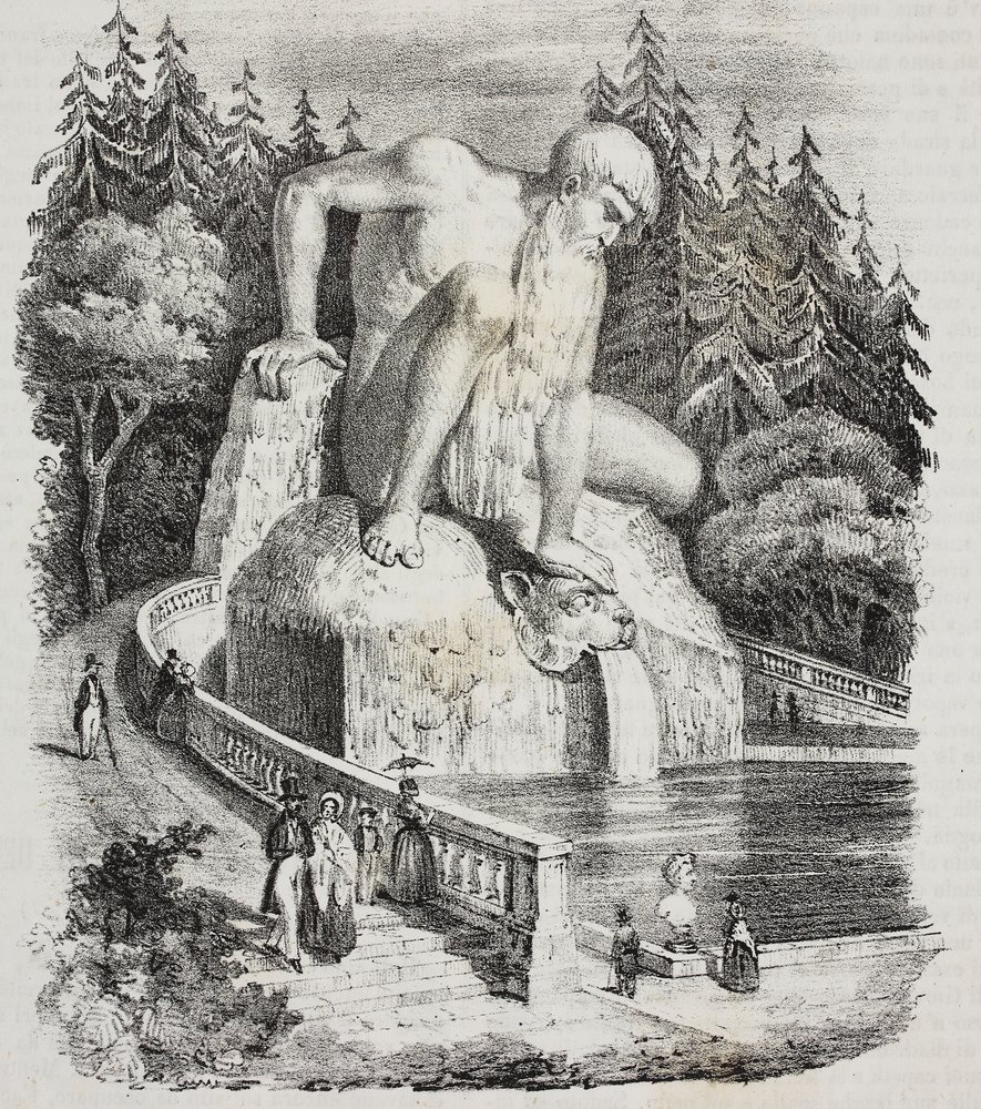 Colosse des Apennins (par Giambologna) dans le parc de la villa Demidoff (Villa Medicea di Pratolino), Vaglia, Toscane, Italie, lithographie de Giovanni Mariani tirée de Poliorama Pittoresco, no 10, 15 octobre - Giambologna