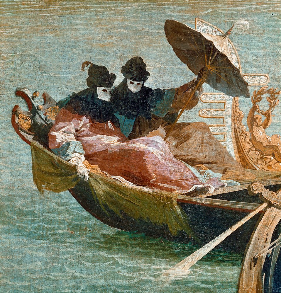 Les noces du Doge de Venise avec la mer Adriatique : détail de deux personnages portant un masque et un parapluie sur une gondole - Canaletto