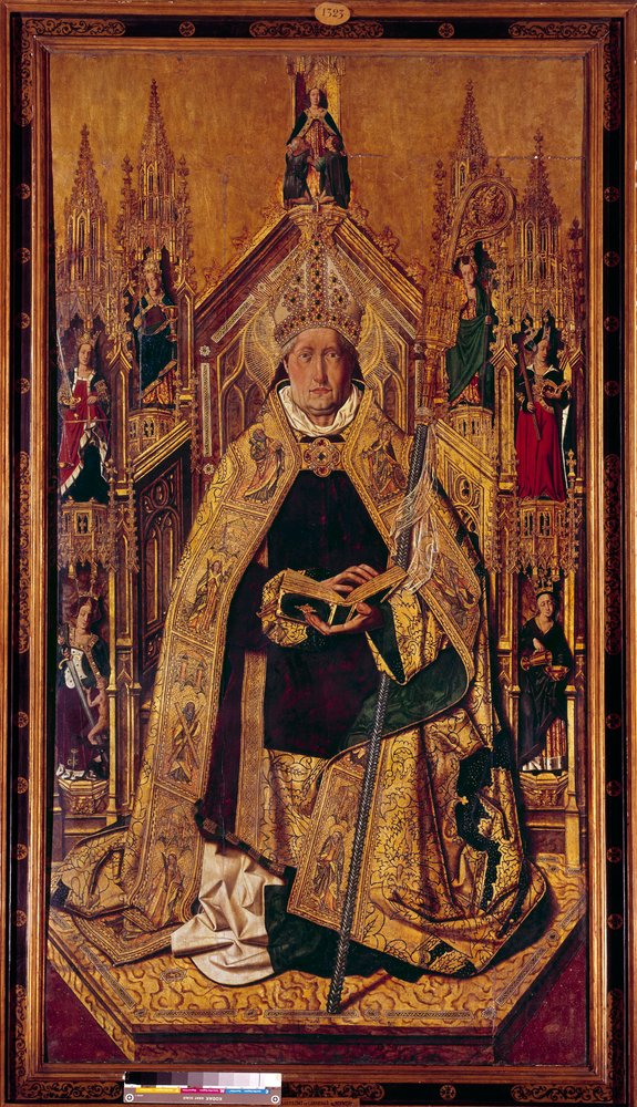 Saint Dominique de Silos (1000-1073) sur le trône. Dominique était un berger de Navarre. Il est devenu moine bénédictin à Silos, Castille. Peinture sur bois de Cardenas Bermejo (1435/40-1500) XVe siècle Dim. 242 x 130 cm Madrid, Musée du Prado - Bermejo