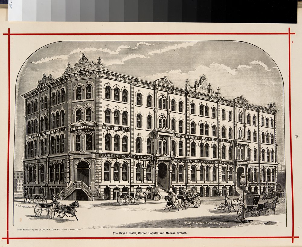 Le Bryan Block, coin des rues LaSalle et Monroe, Chicago, illustration dans The Merchants and Manufacturers of Chicago Illustrated, 1873 - American School