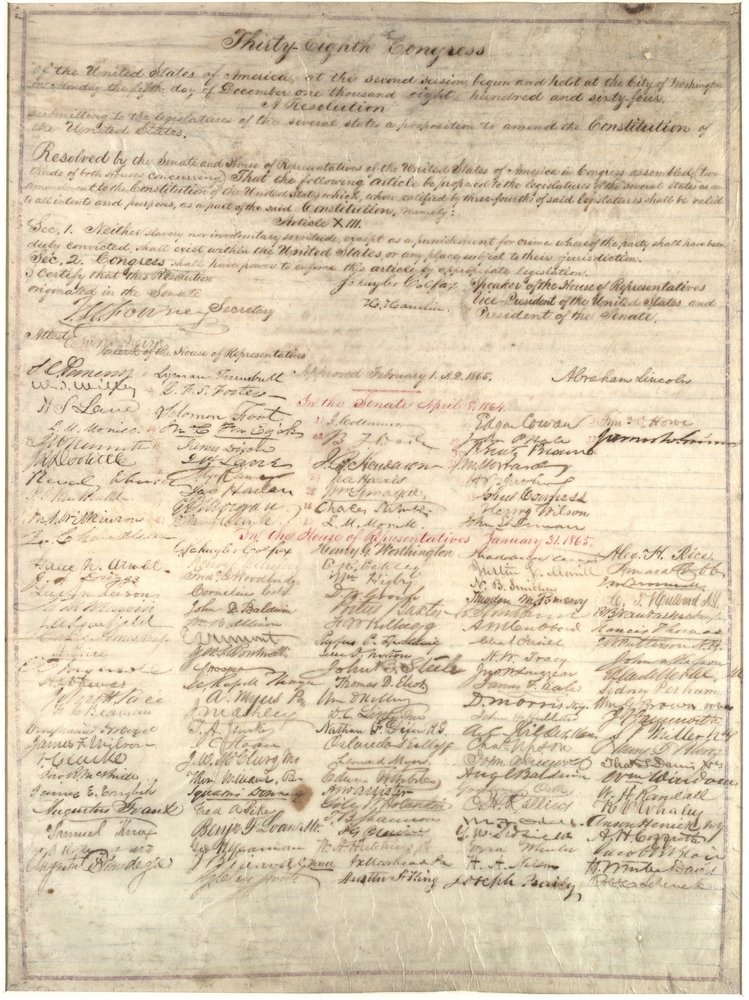 Copie du Congrès de la résolution relative au treizième amendement, 1er février 1865 (encre sur vélin) - Abraham Lincoln