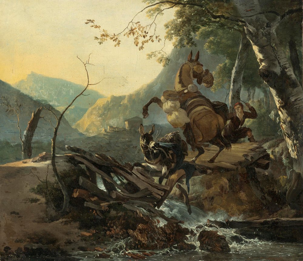 Paysage à l'italienne avec deux ânes traversant un pont qui s'effondre - Adam Pynacker