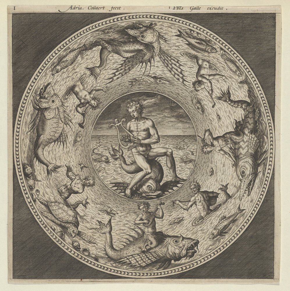 Conception pour une assiette avec Arion chevauchant un dauphin dans un médaillon bordé de monstres marins - Adriaen Collaert