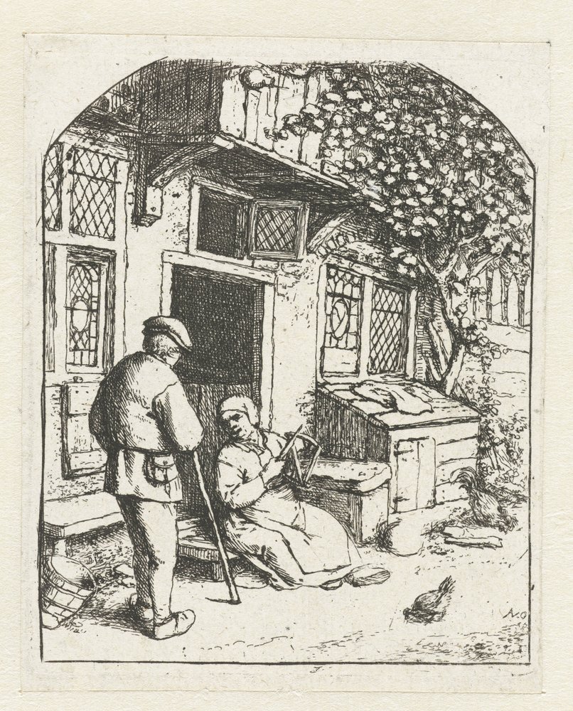 Fileuse assise sur le seuil d'une maison en conversation avec un homme