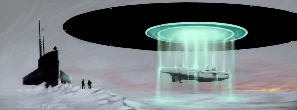 Rencontre au pôle Nord entre un sous-marin U-Boot et une soucoupe volante (OVNI ou extraterrestre) pour la restitution d
