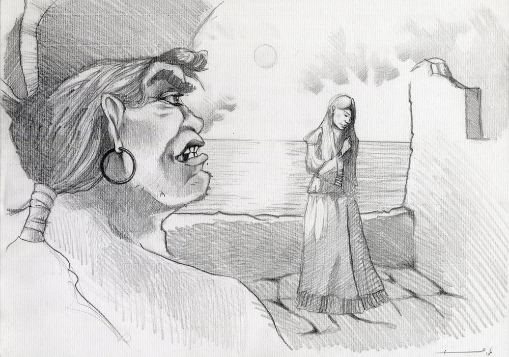 Pirate (corsaire) des Caraïbes menaçant une dame dans une forteresse. Dessin par Alessandro Lonati - Alessandro Lonati