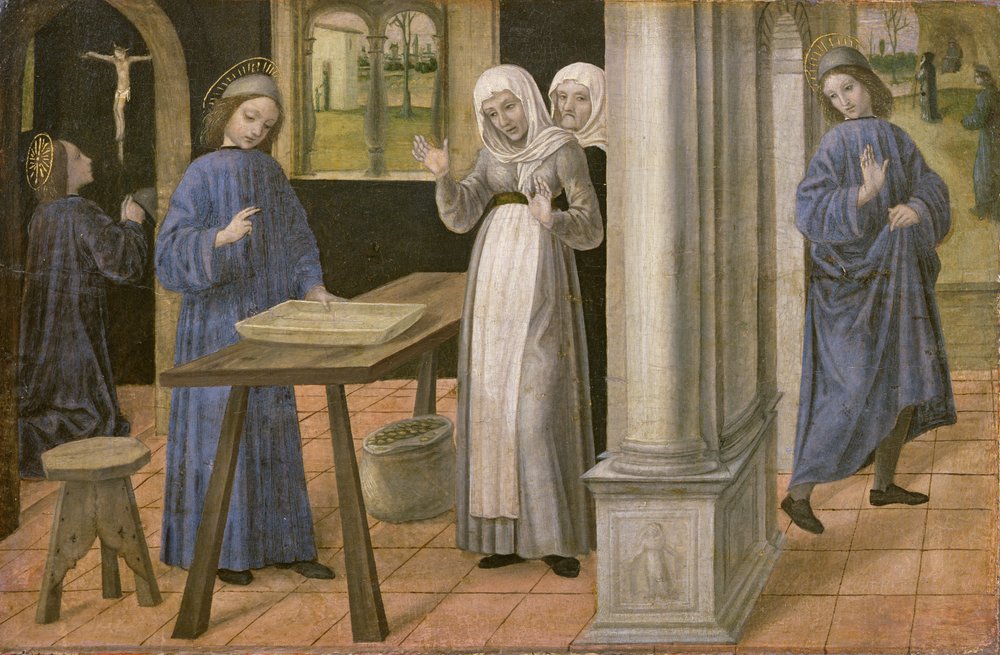 La prière, le miracle du tamis et le départ pour Subiaco, panneau de ...