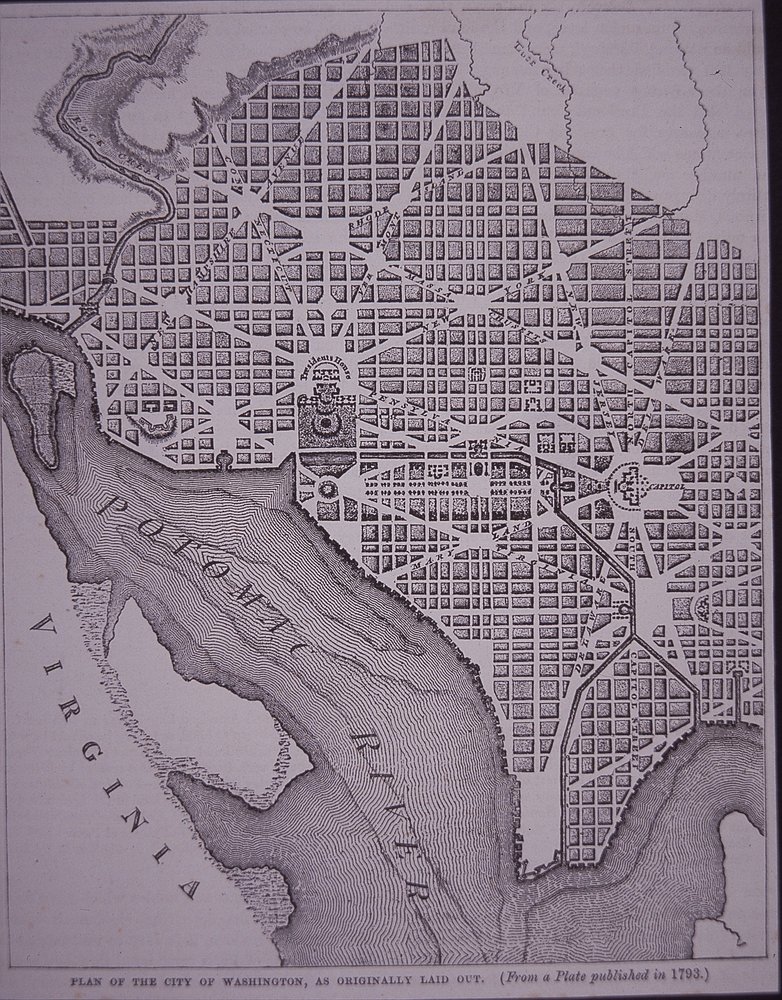 Plan de la ville de Washington DC, tracé par le major Pierre Charles L'Enfant sous la supervision de George Washington, vers 1800 - American School