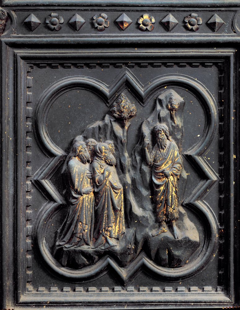 Saint Jean-Baptiste prêche aux Pharisiens, septième panneau des portes sud du baptistère San Giovanni, 1336 - Andrea Pisano