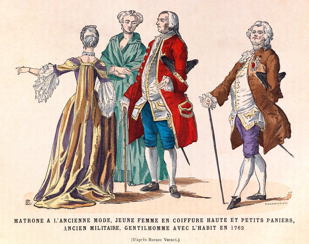 Costumes d'une vieille matrone à la mode, d'une jeune femme avec une ...