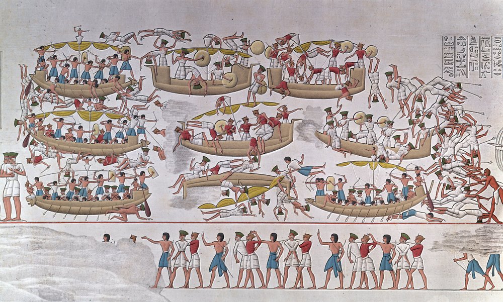 Représentation de la bataille du delta du Nil entre les armées de Ramsès III et les Peuples de la mer. D