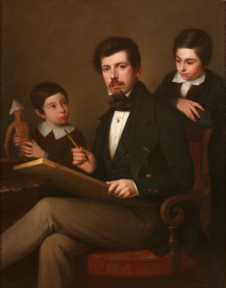 Autoportrait avec ses Fils Carlos et Vicente - Antonio María Esquivel