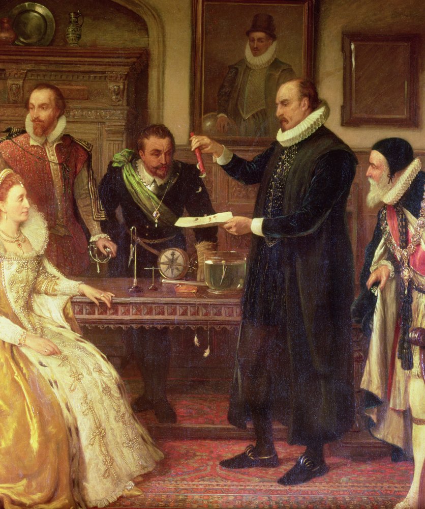 Le Dr William Gilbert 1544-1603 montre son expérience sur l'électricité à la reine Élisabeth Ire et à sa cour, détail de Gilbert, XIXe siècle - Arthur Ackland Hunt