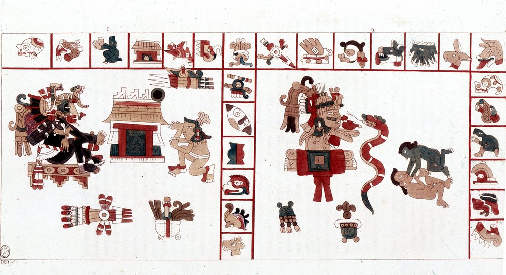 Le dieu aztèque Cihuacohuatl représenté dans un manuscrit hiéroglyphique, pictogrammes. - Aztec Aztec