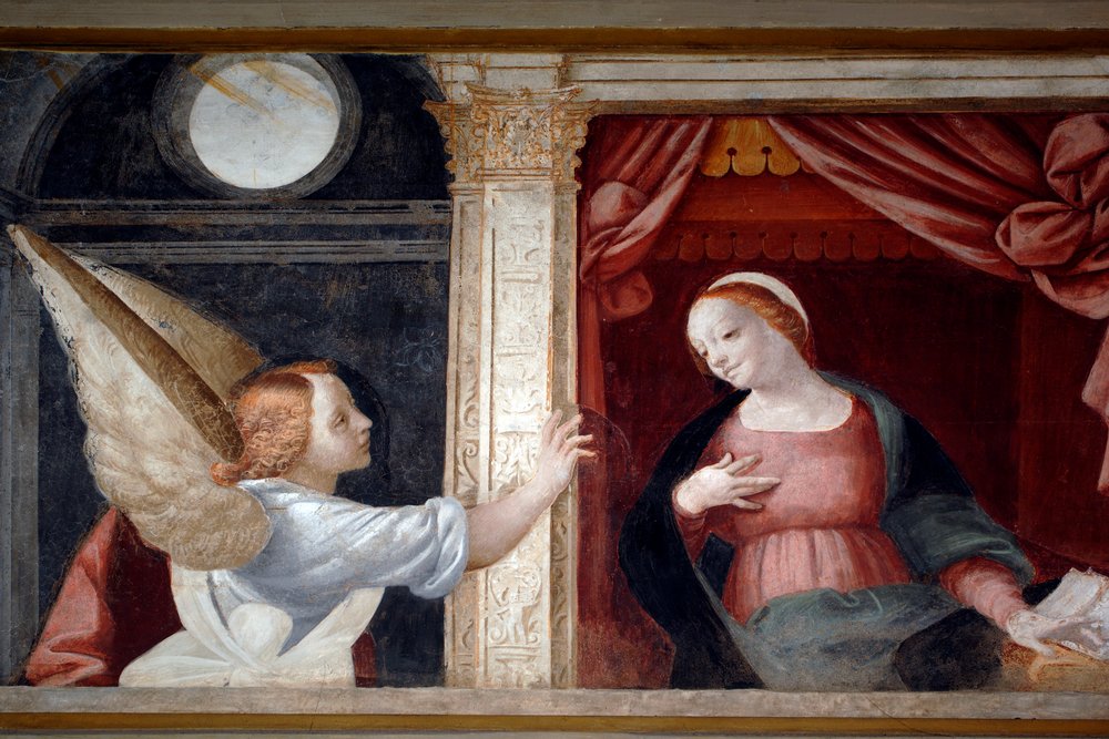 Annonciation, détail du Cycle de la Vierge (1553), fresque de Bernardino Lanino (1512-1583), sacristie inférieure de la cathédrale de Novara, Piémont, Italie - Bernardino Lanino
