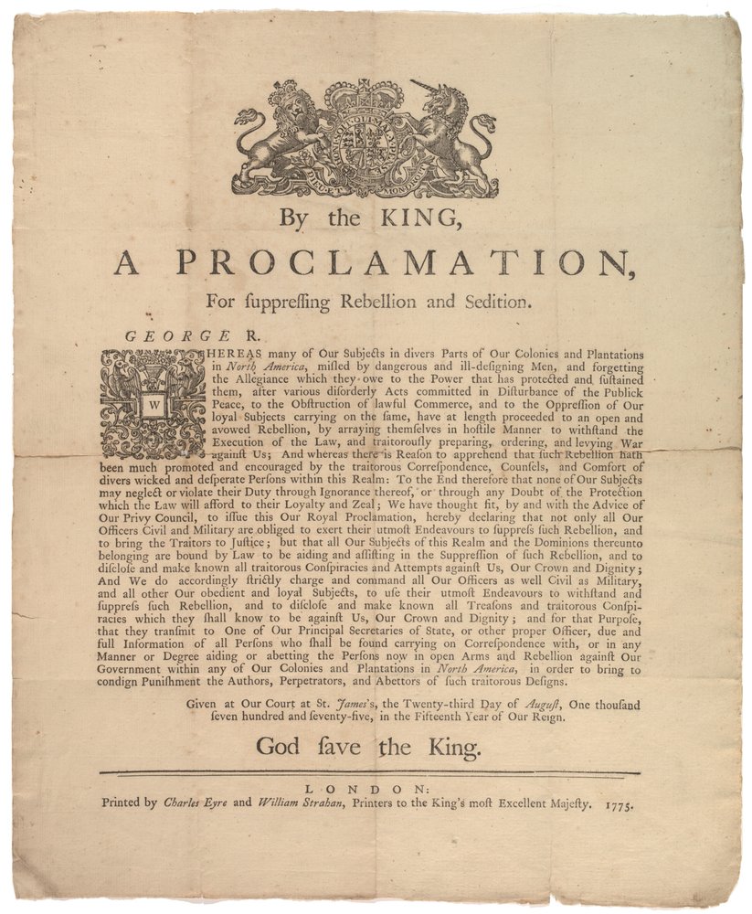 Une proclamation pour réprimer la rébellion..., 23 août 1775 - British School