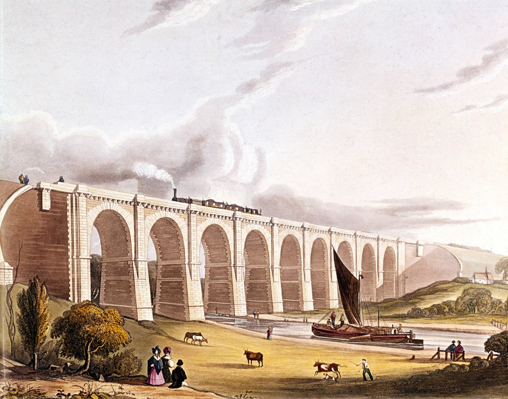 Révolution industrielle : vue du viaduc ferroviaire traversant la vallée de Sankey. Planche tirée de « Liverpool & Manchester Railway », Londres 1832. - British School