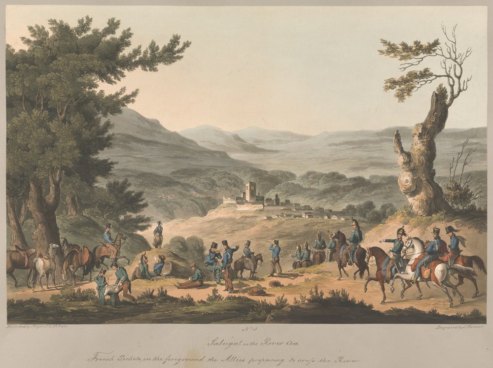 N° 5  Sabugal, sur la rivière Coa. Des sentinelles françaises au premier plan ; les Alliés se préparent à traverser la rivière. - Charles Turner