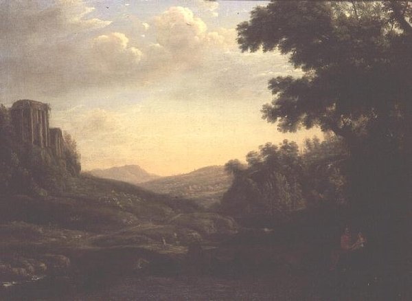 Paysage boisé étendu avec temple en ruine - Claude Lorrain