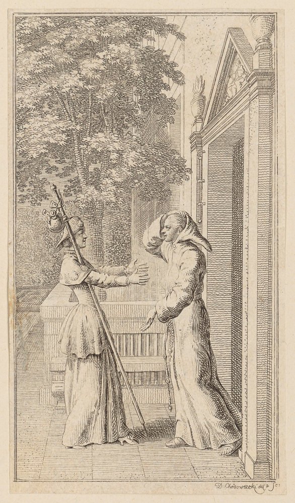 Frère Graurock et la pèlerine, page 4 du premier numéro des « Poèmes de Gottfried August Bürger » - Daniel Nikolaus Chodowiecki