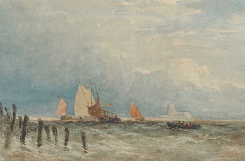 Pêche néerlandaise au large de la côte, avec la Grote Kerk, Dordrecht, au loin. - David Cox