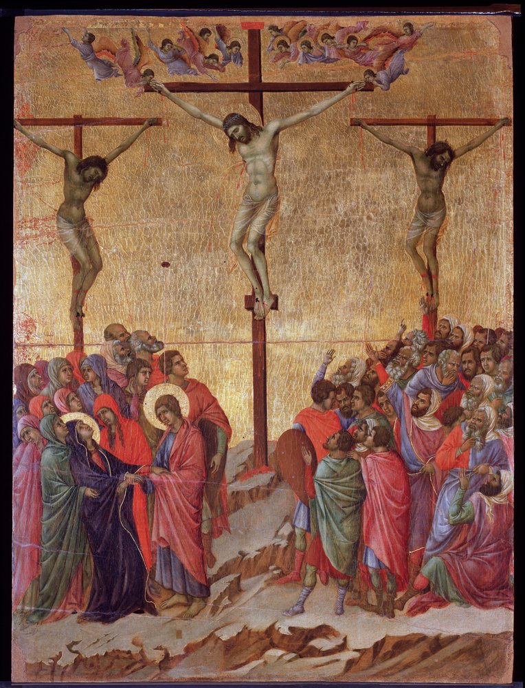 La crucifixion. Sur les côtés, le bon larron (Dismas) et le mauvais larron (Gestas). Retable de la Maestà - Duccio di Buoninsegna