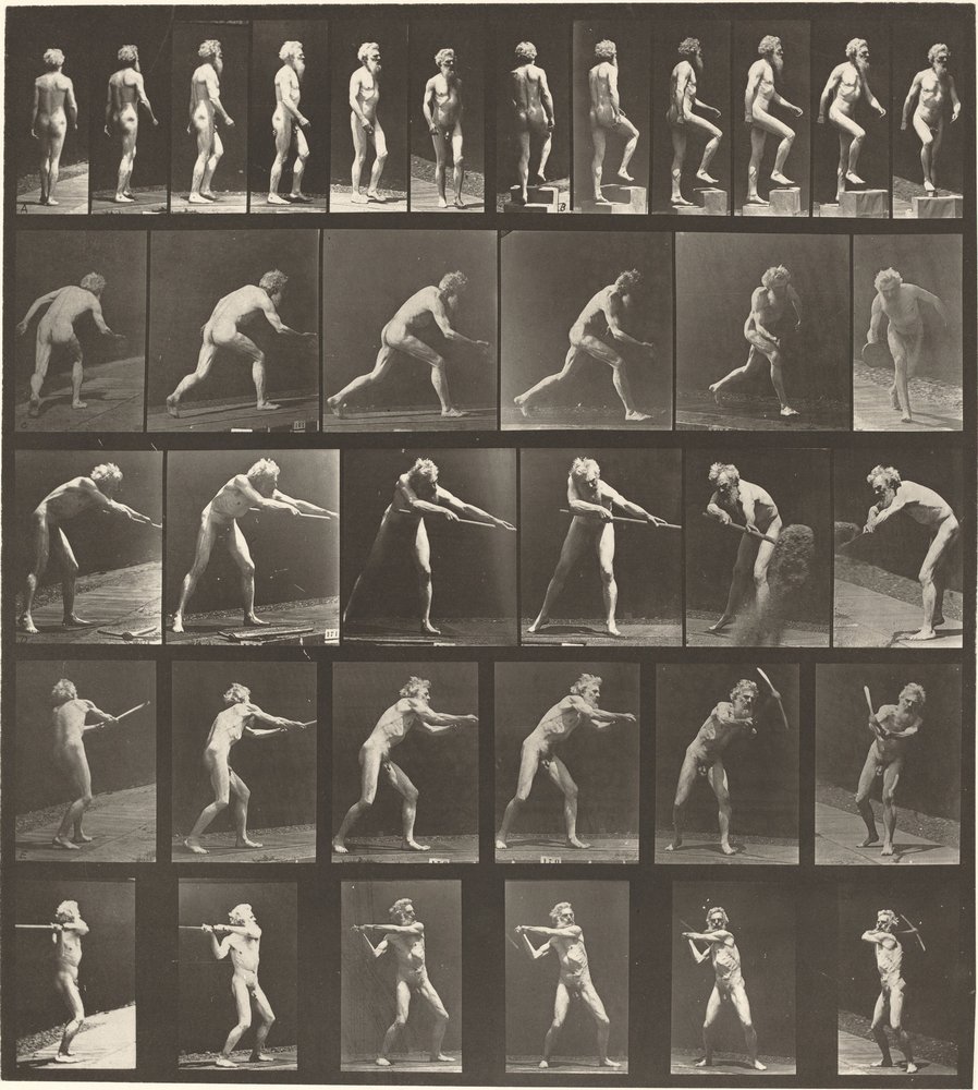 Planche numéro 521. A: Marcher. B: Monter une marche. C: Lancer un disque. D: Utiliser une pelle. E, F: Utiliser une pioche - Eadweard Muybridge