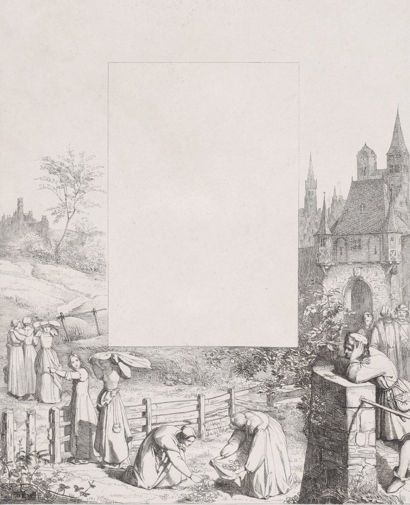 Planche 5 : femmes collectant des plantes et les portant sur leur tête, un homme observant à droite, 1836 - Eduard Julius Friedrich Bendemann