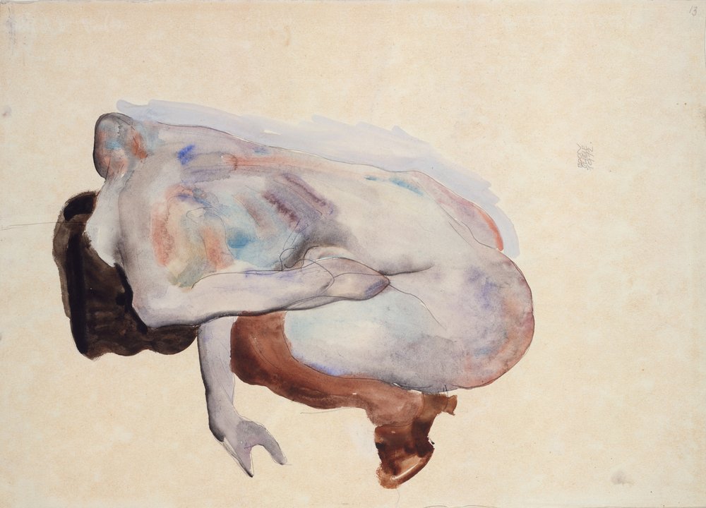 Nu accroupi en chaussures et bas noirs, vue de dos, 1912