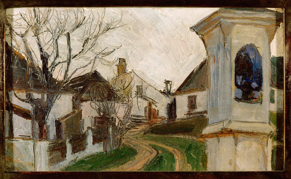 Kahle Baeume, Haeuser und Bildstock - Arbres sans feuilles, maisons et sanctuaire (huile et crayon sur carton) - Egon Schiele