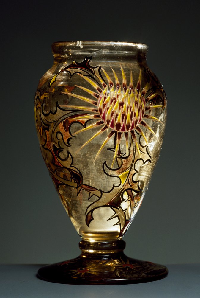 Vase en verre fumé avec décorations en émail, vers 1890, par