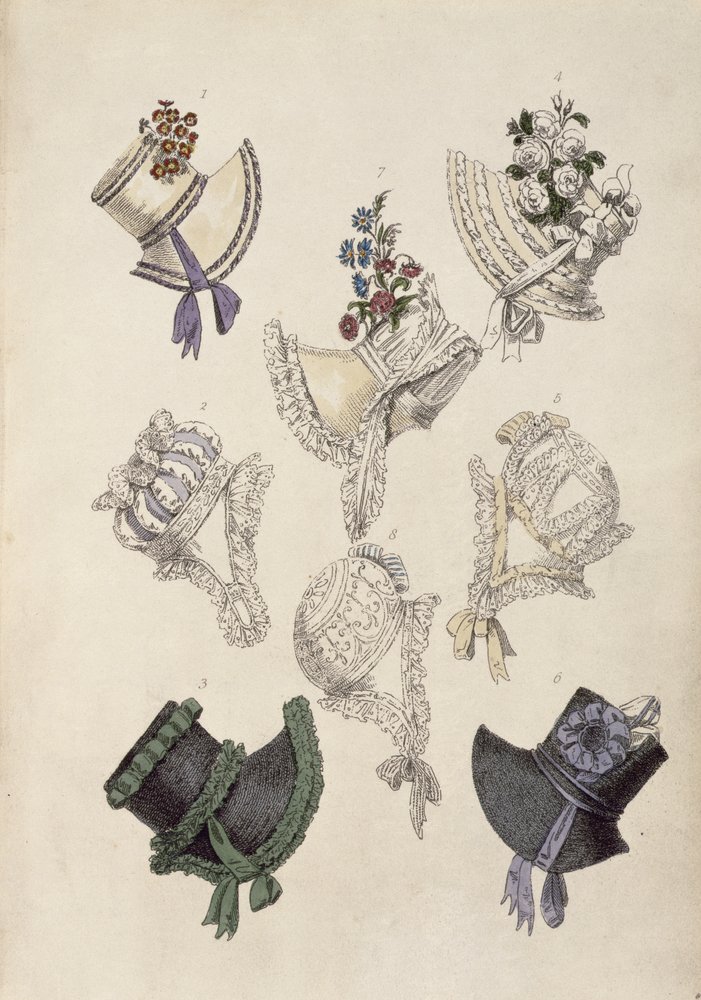 Bonnets de jour, planche de mode de Ackermann's Repository of Arts