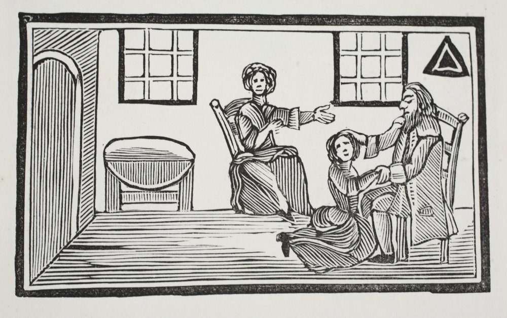 La jolie Bessie recevant la bénédiction de son père en partant chercher sa propre subsistance, illustration de Chap-books du XVIIIe siècle par John Ashton, pub. 1882 - English School