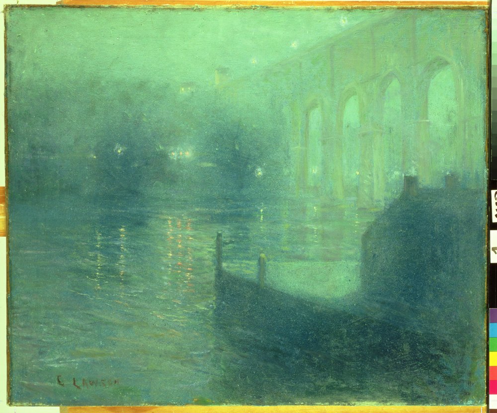 Harlem River la nuit, Réflexion bleue - Ernest Lawson