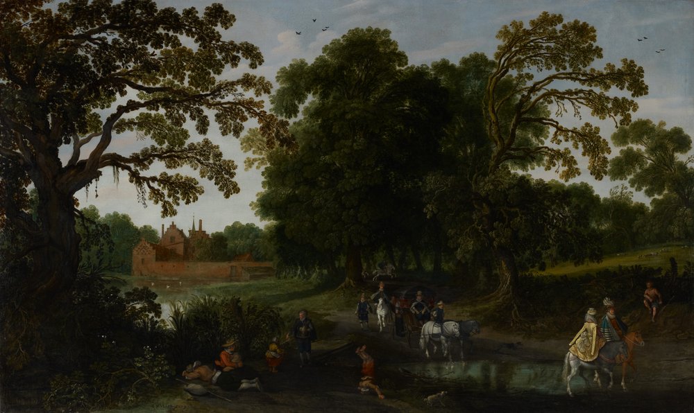 Paysage avec une procession courtoise devant le château d