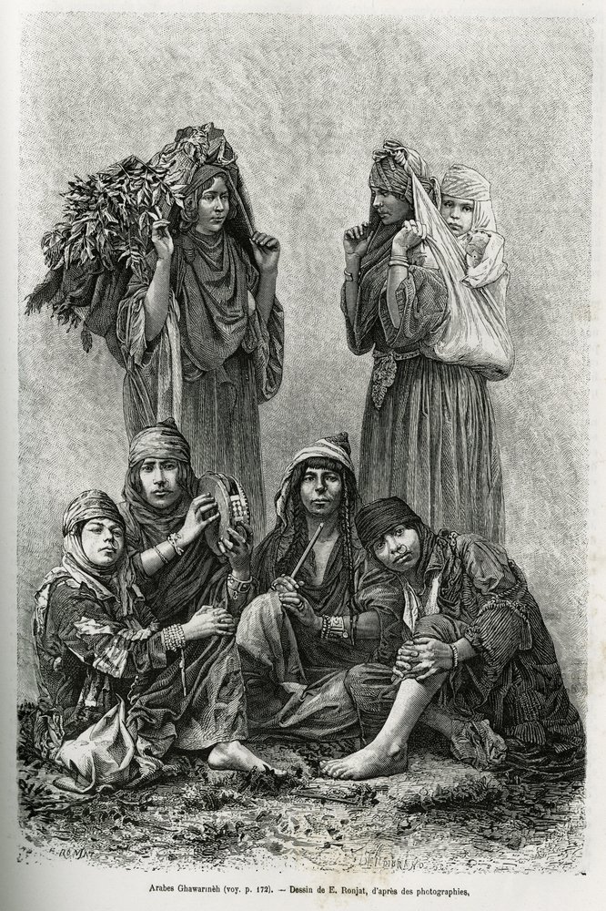 Arabes Ghawarineh, nomades du bassin de la mer Morte. Gravure par E. Ronjat, pour illustrer l