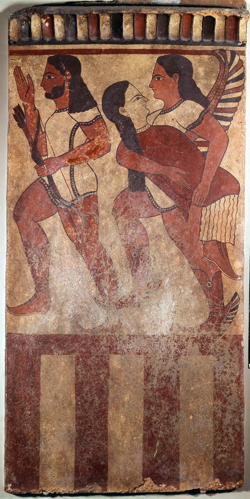 Art étrusque : plaque en terre cuite peinte dite Plaque Campana : un archer, un génie ailé portant une figure féminine (Cerveteri, Italie, VIe siècle av. J.-C.). Paris, Musée du Louvre - Etruscan Etruscan