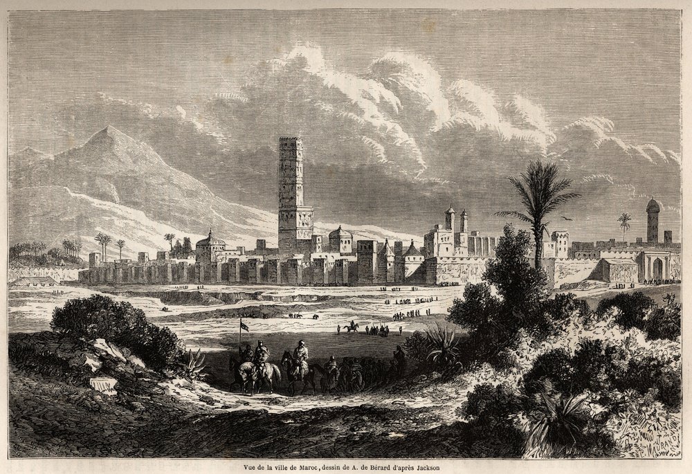 Vue de la ville de Marrakech (anciennement Maroc), dessin d