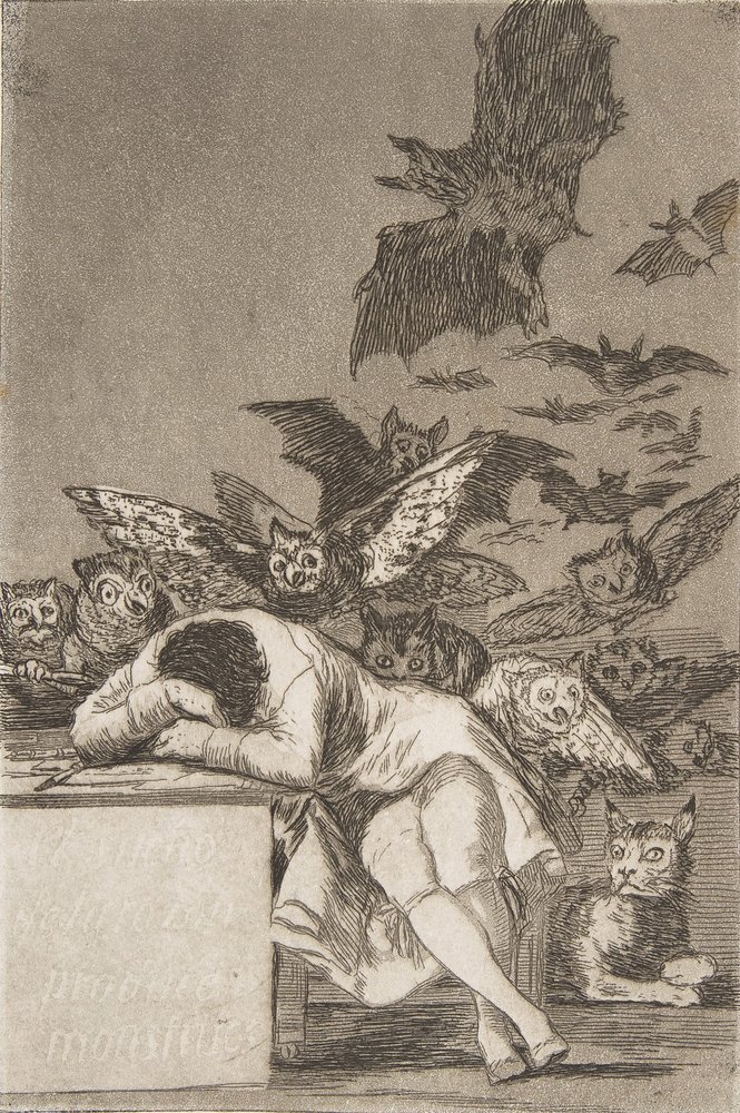 Planche 43 de Los Caprichos : Le sommeil de la raison engendre des monstres, 1799, publié 1908-12 - Francisco de Goya