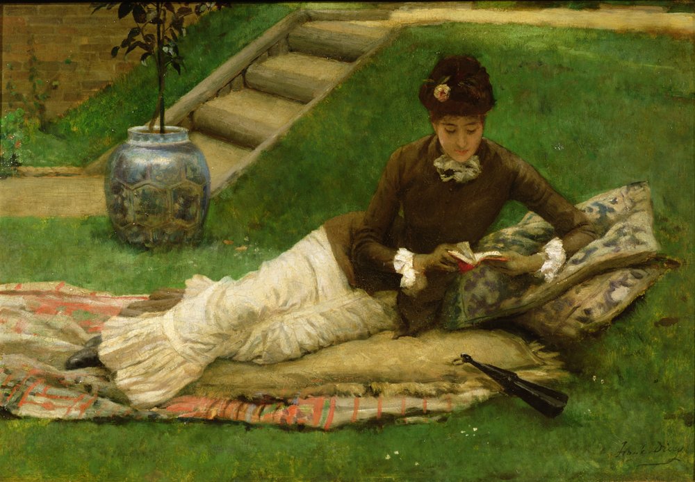 Le Roman, Une dame dans un jardin lisant un livre - Frank Dicey
