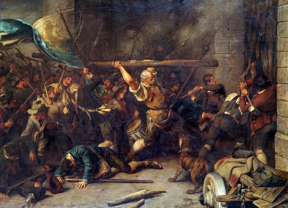 La révolte des paysans de 1850 : l'assaut de la barricade rouge. Peinture de Franz Defregger (1835-1921) - Franz von Defregger
