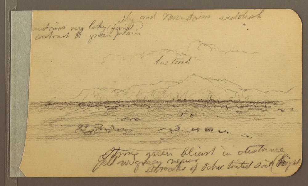 Dessin, église, tour, maison ; verso : chaîne de montagnes, 1889 - Frederic Edwin Church
