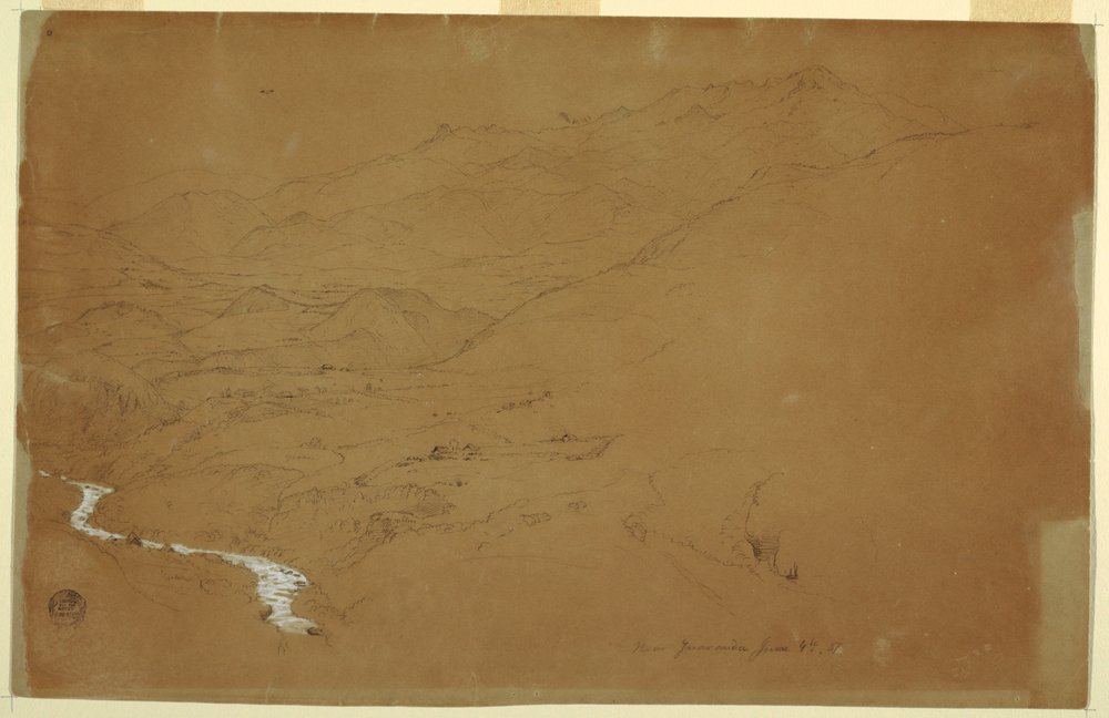 Dessin, vallée avec un ruisseau et des maisons, près de Guaranda, Équateur, 4 juin 1857 - Frederic Edwin Church