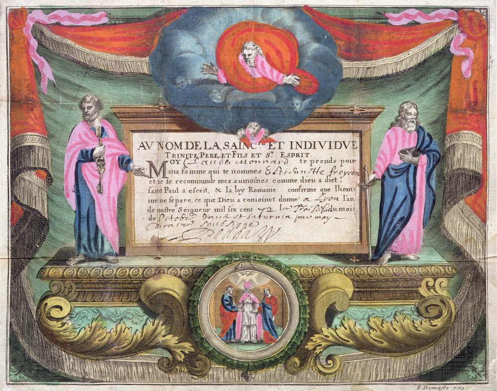 Certificat de mariage pour Claude Monnard délivré à Lyon en 1672 - French School